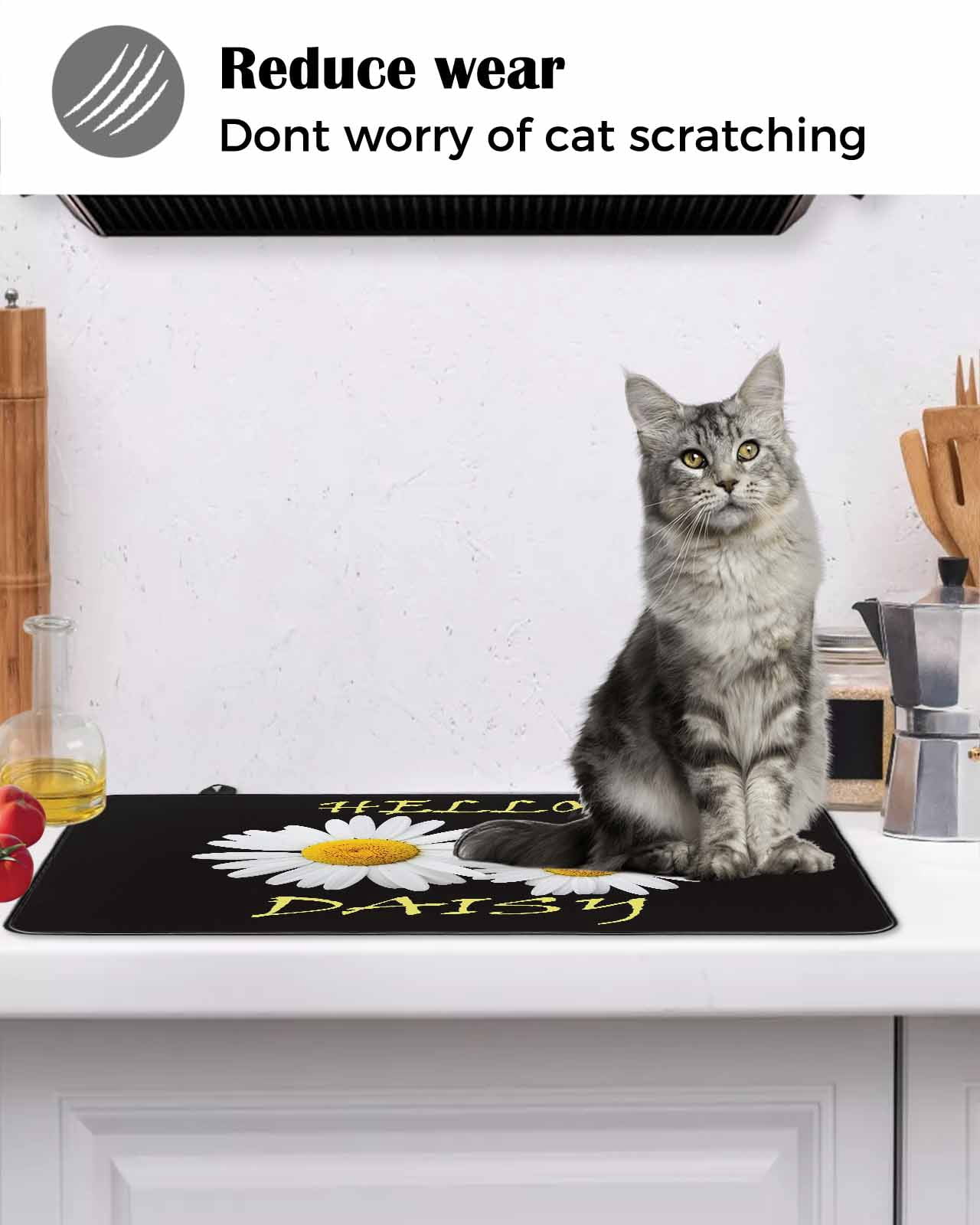 Large Induction Cooktop Protector Mat White Daisy Stove Top Covers for Electric Stove, Spring Hello Daisy Floral Black Decorative Stove Burner Cover Mats, Glass Top Stove Cover