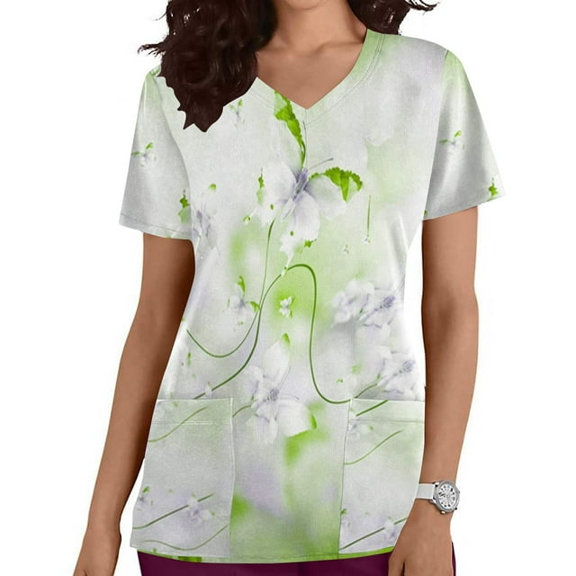XZNGL Chemisiers à Manches Courtes pour Femmes Mode pour Femmes Hauts à Manches Courtes à Col en V Uniforme de Travail Imprimé Blouse avec Poche Hauts Femmes Hauts à Manches Courtes Femmes Blouse à Manches Courtes Hauts pour Femmes à Manches Courtes