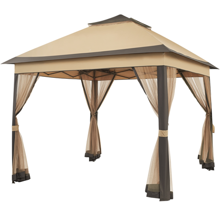 Yaheetech 11x11ft Garden Gazebo Double Tiers Pop up Canopy with Metal Frame Mesh Netting  Brown