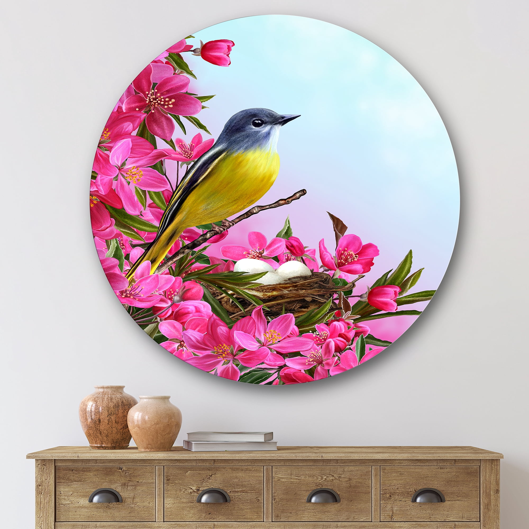 Designart 'Little Yellow Bird Near The Nest with Pink Flowers' Traditional Circle Metal Wall Art 36x36 - Disc of 36