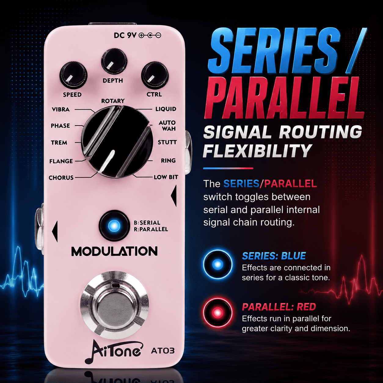 AITONE Modulation Pedal with Chorus Phaser Flanger Tremolo Vibrato Rotary Effects
