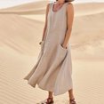 thumbnail image 3 of Frostluinai Dresses for Women 2023 Plus Size Summer Loose Sundress Cotton Linen Scoop Neck Sleeveless Long Dress Plain Color Beach Swing Pleated Tank Dresses w/ Pockets, 3 of 8