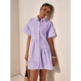 thumbnail image 3 of Purple Solid Front Button Ruffle Hem Short Sleeve Shirt Dress For Women, 3 of 7