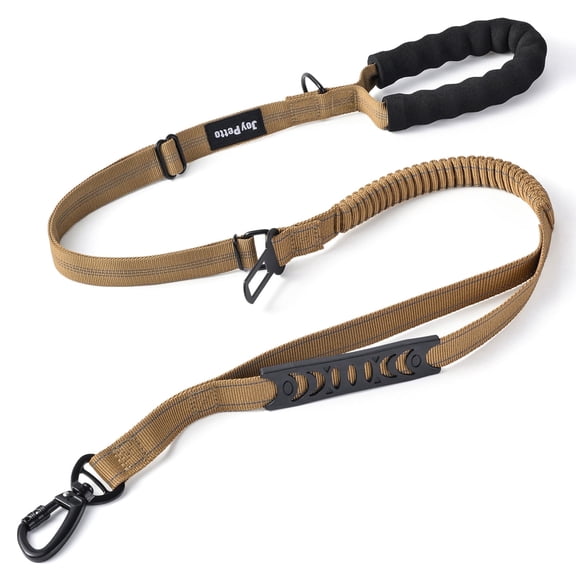 JoyPetto Tactical Bungee Dog Leash with Dual Handle & Seatbelt Clip, Reflective Adjustable Leash for Medium Large Dogs, Khaki