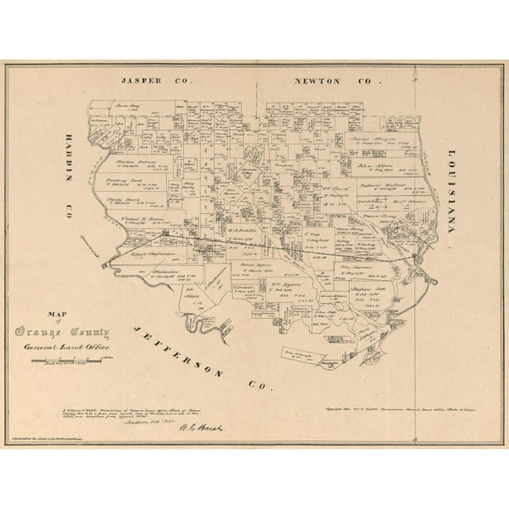Historic County Map - Orange County Texas - Walsh 1880 - Vintage Wall Art