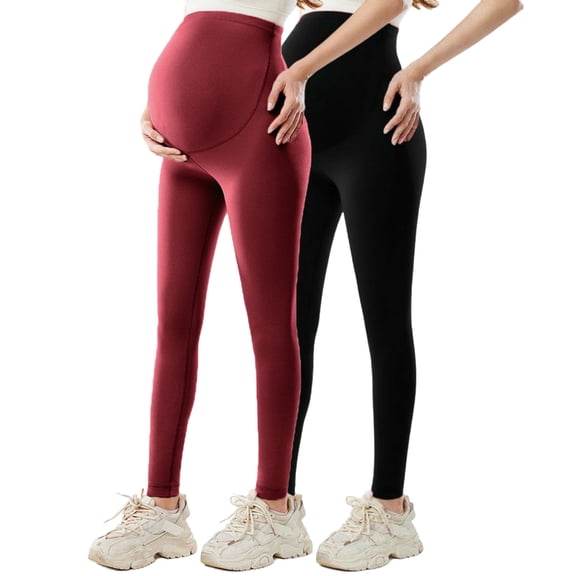 2 Pack Maternity Leggings Over Bump, Stretchy Soft Pregnancy Pants with Pockets Long Leggings High Waist Black Belly Support Yoga Pants High Waisted Stretchy Bottoms Workout Tights Activewear