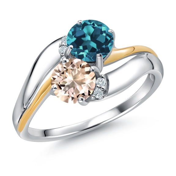 Gem Stone King 925 Sterling Silver and 10K Yellow Gold Peach Morganite London Blue Topaz 2 Stone and Lab Grown Diamond Accent Ring for Women (1.13 Cttw, Gemstone October Birthstone, Size 7)