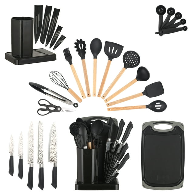 23 PCS Silicone Kitchen Utensils Set And Kitchen Knife Set With Removable Knife Cover, Non-Stick Heat Resistan Kitchen Tools Best Kitchen Cookware