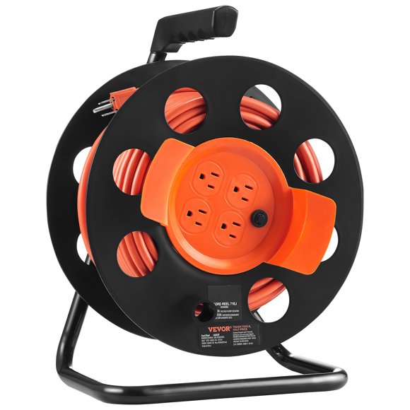 VEVOR - Carrete de cable de extensión de 100 pies con 4 tomas de corriente y cubierta antipolvo, cable de alimentación SJTOW de 14 AWG resistente, carrete de cable manual