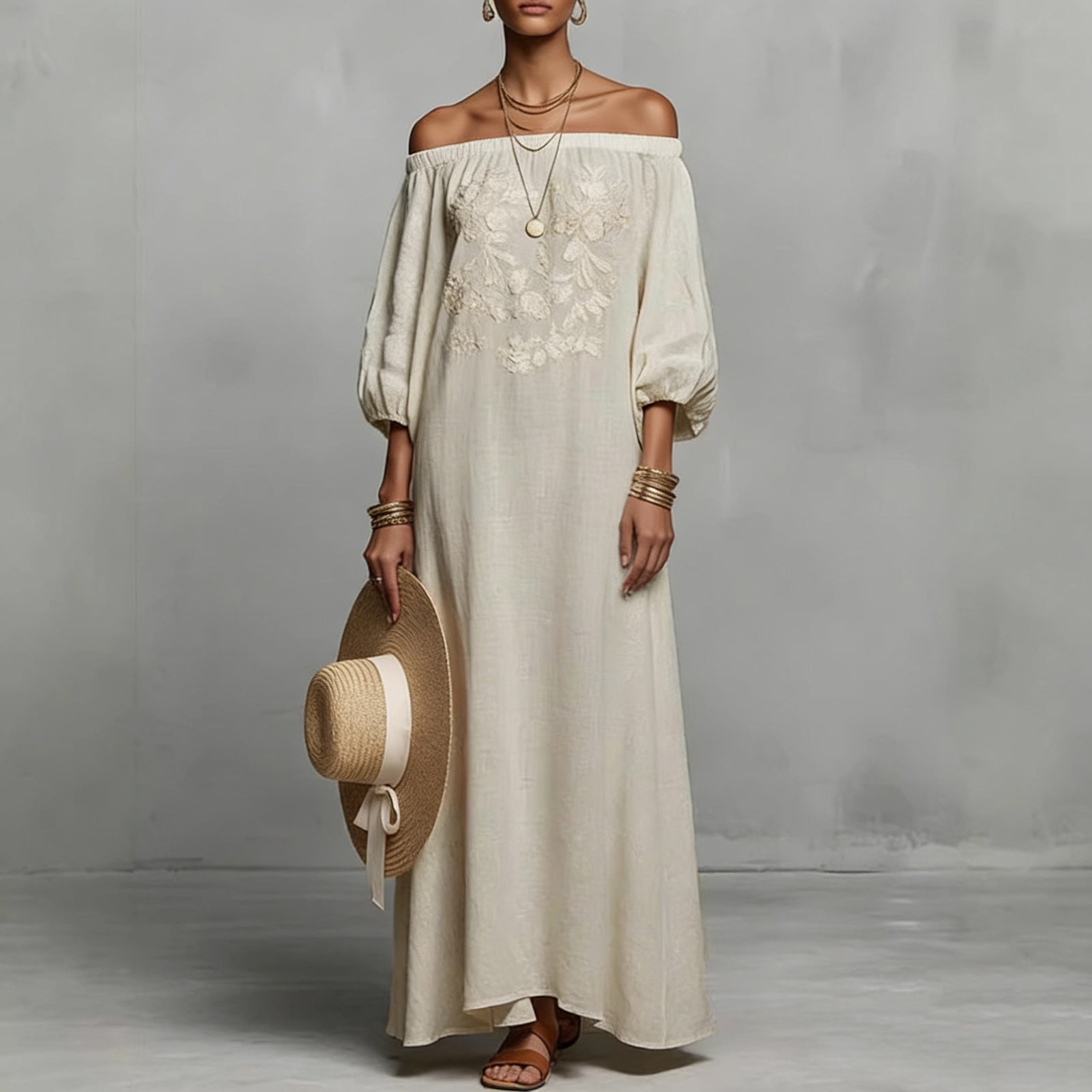 Off The Shoulder Dress for Women Floral Embroidered Puff 3/4 Sleeve Boho Maxi Dresses Casual Loose Fit Long Dress