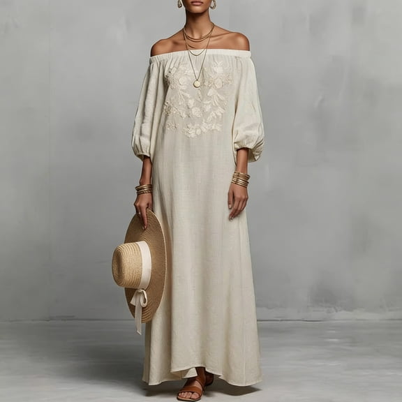 Qulqfy Casual Summer Dresses for Women Plus Size Embroidered Beige Maxi 3/4 Sleeve Flowy Off the Shoulder Plain Elegant Puff Beach Long Dresses L
