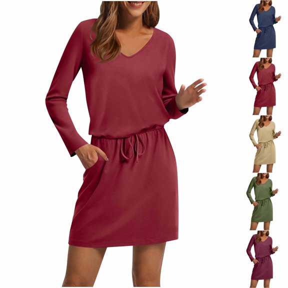 Nmnitkp Dresses for Women Casual Long Sleeve Dress V Neck Loose Solid Color Tie Waist Party Dresses Red,L