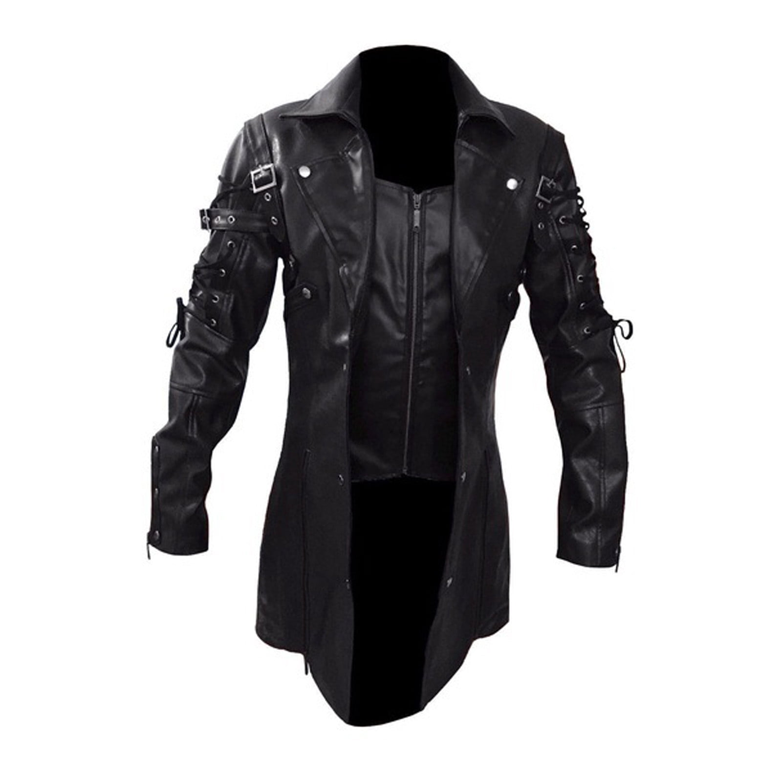 RongHuan Big and Tall Steampunk Jacket Mens Medieval Gothic Frock Coat Patchwork Faux Leather Jackets Lapel Long Sleeve Overcoat