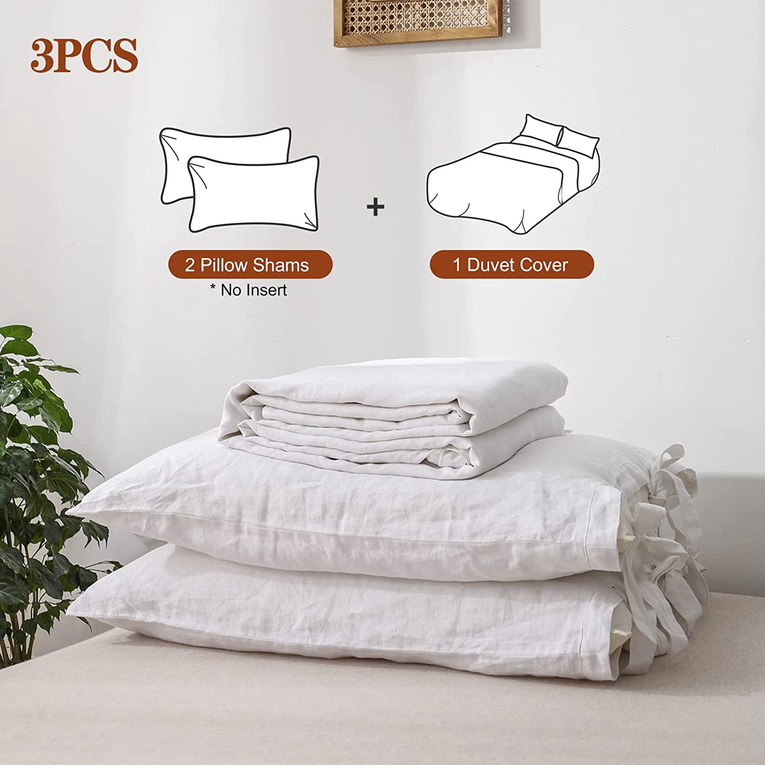Simple&Opulence 100% Linen Duvet Cover Set, 3 Piece Belgian Flax Breathable Bedding, King Size 104''x92'' (1 Comforter Cover+2 Pillowshams) with Tie Closure Style,White