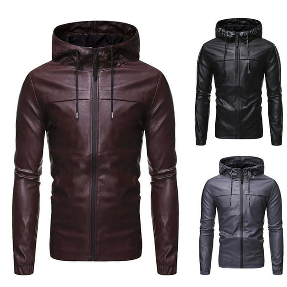Miluxas Men's Solid PU Leather Jacket Long Sleeve Hooded Zipper Waterproof Windproof Hooded Coat Wine