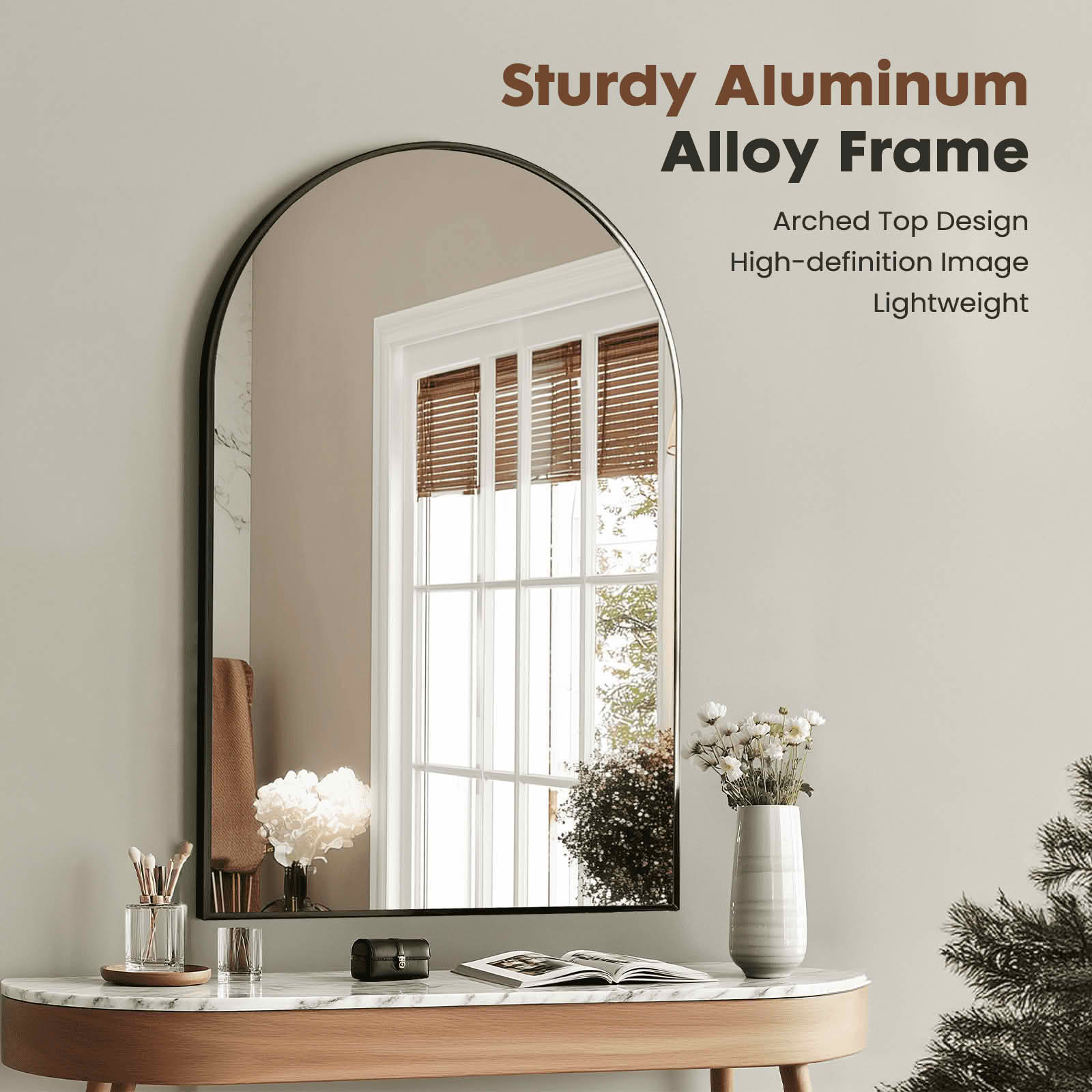 MAYEERTY 26"x38" Arched Bathroom Wall Mirror, Metal Frame, Bedroom Entryway Living Room，Black