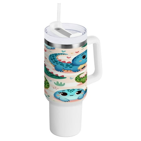 

40 oz Tumbler with Handle and Straw Lid Cute Crocodile and Heart Insulated Vacuum Water Bottle Stainless Steel Travel Cup