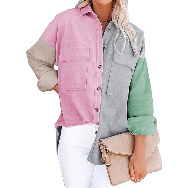 Worallymy Mujeres Color Bloque Empalme Botón Frente Otoño Invierno Pana Solapa Abrigo Casual Con Bolsillo Worallymy JD735913989