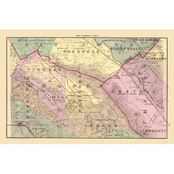 Historic County Map - Santa Clara West Central County California - Thomas 1876 - Vintage Wall Art