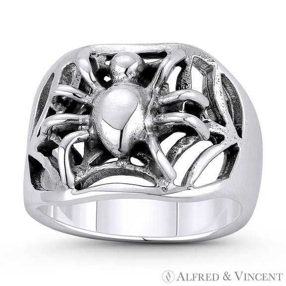 Spider on Web Arachnid Spirit Animal Charm Wide Band Right-Hand Statement Ring in Oxidized .925 Sterling Silver