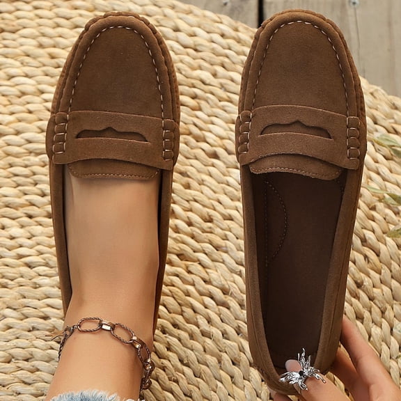 Women's Loafers Wide Width, British Style Suede Slip-On Flats for Women, Lightweight Comfortable Penny Loafers Casual Shoes, Brown/Black