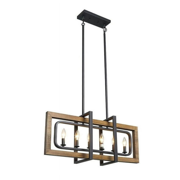 LNC 6-Light Distressed Wood and Black Farmhouse Linear LED Kitchen Island Chandelier