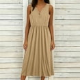 thumbnail image 5 of Women Summer Maxi Dress Solid Color Sleeveless V Neck Button Pleated Elegant Flowy Sundress with Pockets Casual Beach Vacation Dresses, 5 of 8
