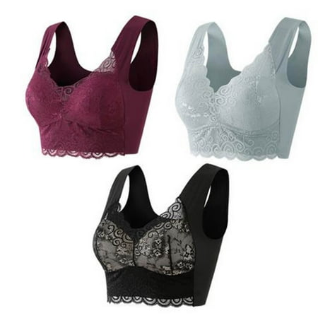 MIUOWANP 3PC Woman s Bras No Underwire Full Support Lace Pattern Tank Top Bra Optimal Push-Up Bra for Ultimate Charm (Gray+Black+Purple) M