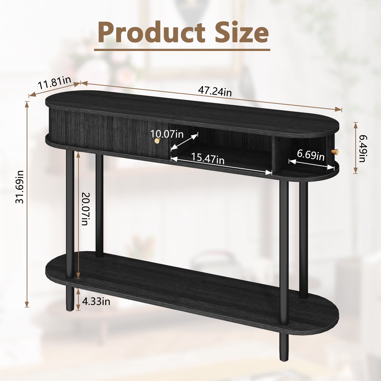 HLR 47.2" Farmhouse Console Table, Entryway Table with 2 Tambour Doors for Living Room, Black