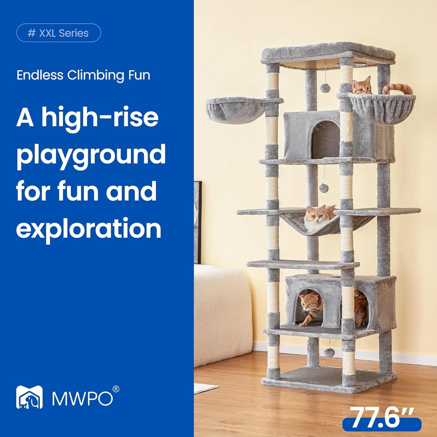 WSWJY Extra Large Cat Tree, 77.6-Inch Tall Cat Tower for Indoor Cats with 2 Condos, Multi-Level Cat Stand for Large Cats, 3 Hammocks, Wide Perch, Scratching Posts, Dangling Toys, Light Grey