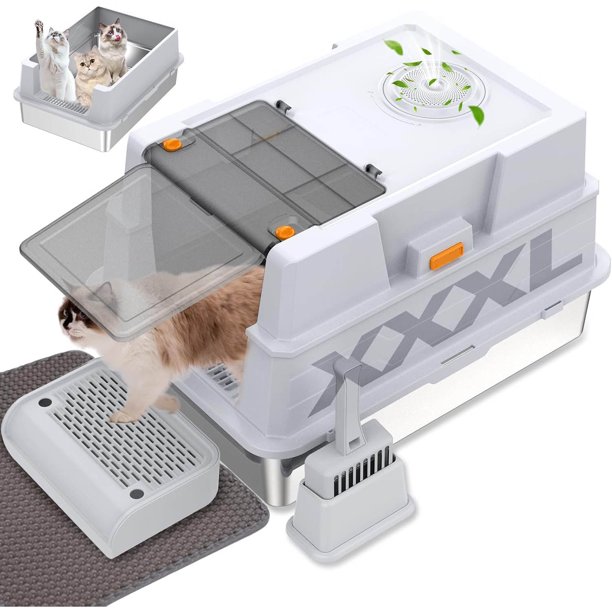 Caja de arena de acero inoxidable XXL con tapa, caja de arena de metal cerrada XL para gatos grandes, múltiples gatos, con cucharada de arena y pedal de pie y alfombrilla de arena, control de