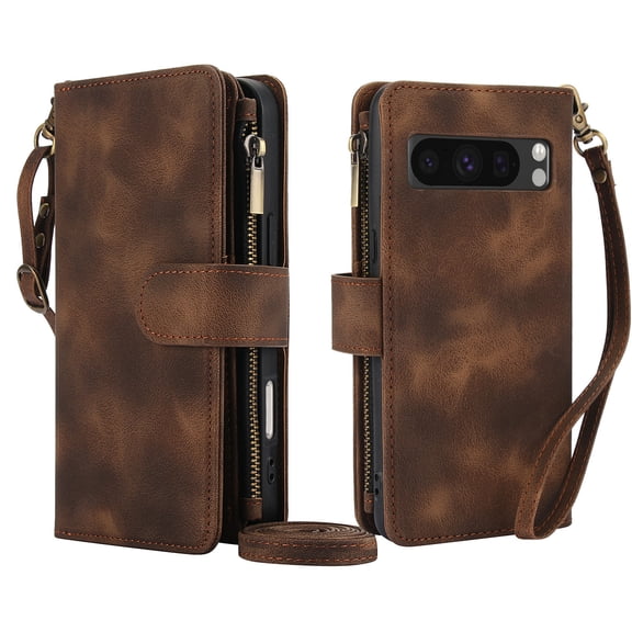 ELEHOLD for Google Pixel 10 /10 Pro Wallet Case,Flip Leather Women Men Credit Card Cash Slot Zipper Kickstand Shockproof Protective Case with Crossbody Wrist Strap for Google Pixel 10 /10 Pro,Brown