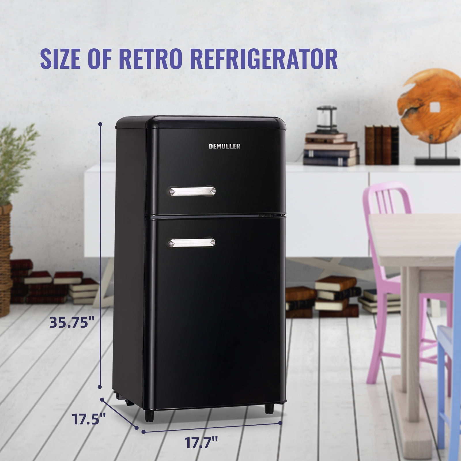 DEMULLER Mini Refrigerator 3.5 Cu.Ft Dual Door Fridge with Handle  Adjustable Temperature with Top Mount Freezer Ideal for Home, Office, Dorm  Black