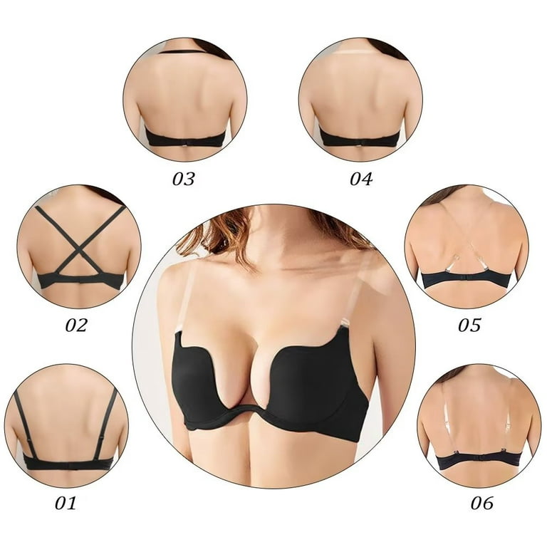Womens Low Plunge Push Up Bra with Clear Straps Low Cut Convertible  Underwire Padded Cleavage Bra 