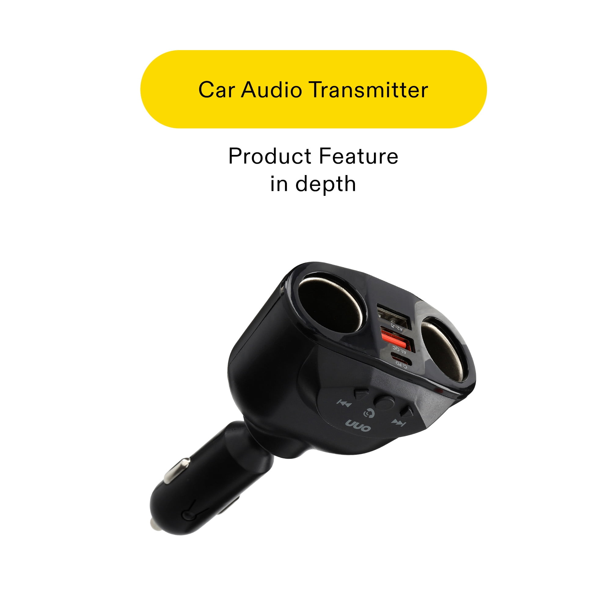 onn Wireless FM Transmitter and 35W18W Car Charger with Blu