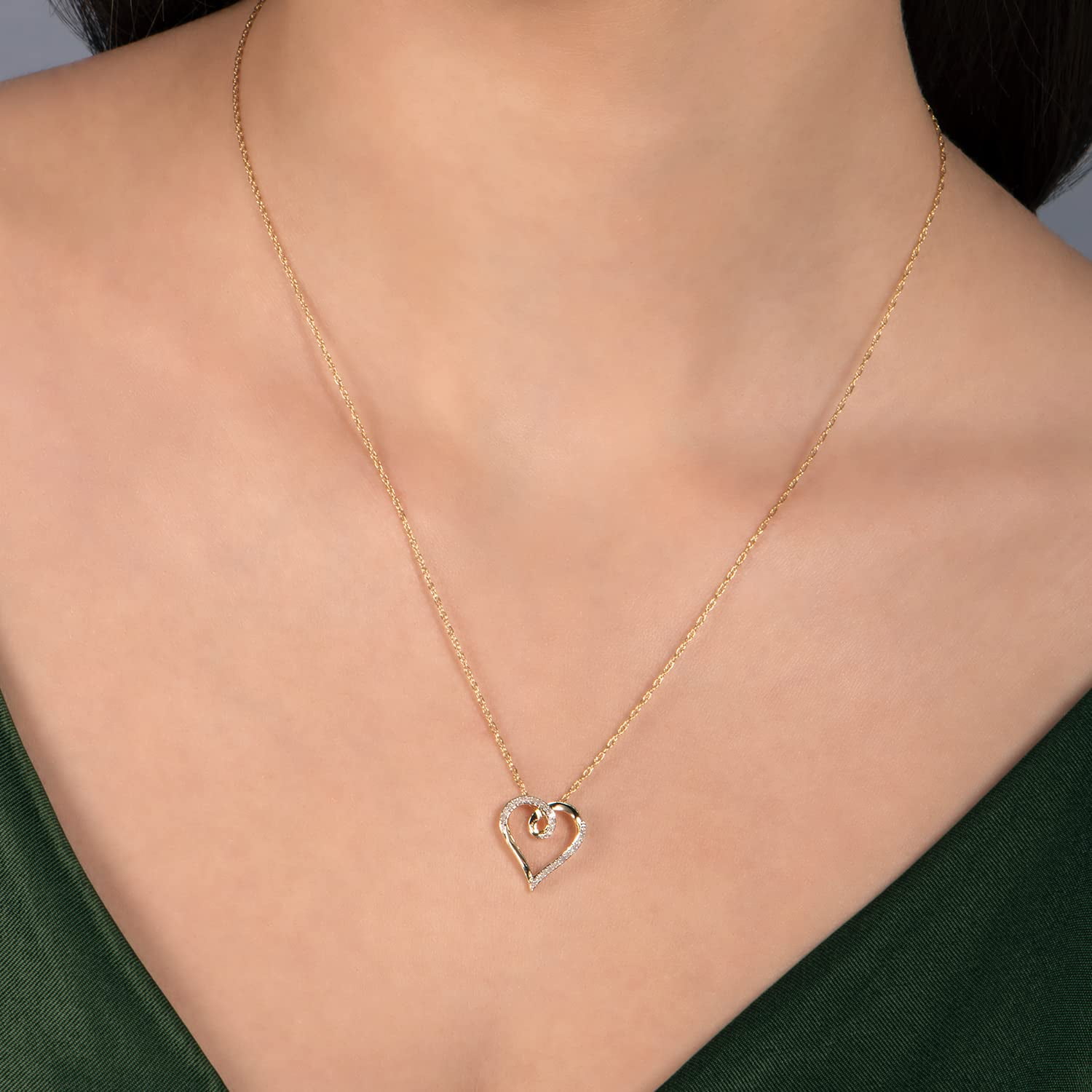 Jewelili 10K Yellow Gold with 1/10 Cttw Natural White Round Diamond Heart  Pendant Necklace, 18