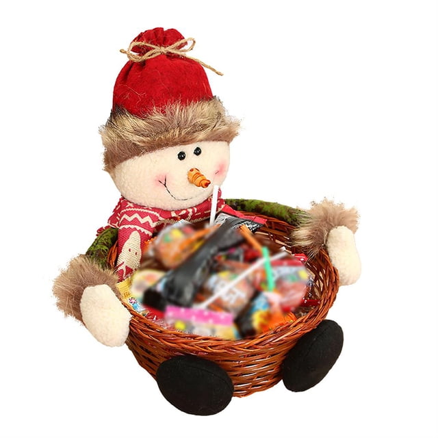 Injueey Cesta de mimbre de caramelo tejida a mano de Navidad, caja de embalaje de regalo, cesta de fruta de Papá Noel de dibujos animados, Kits de decoración para fiestas No. 4