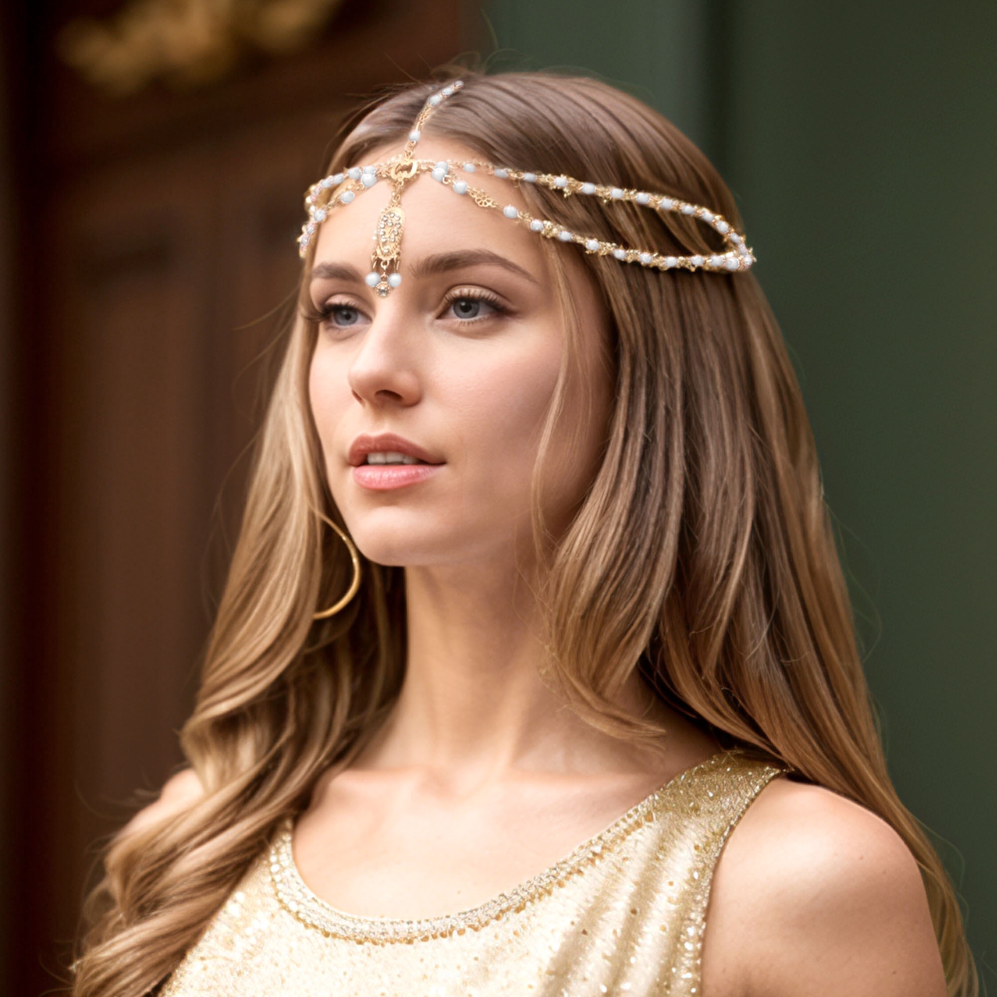 Unique Bargains Elegant Headpiece Faux Diamond Wooden Beads Hair Chain 1 Pc Gold Tone