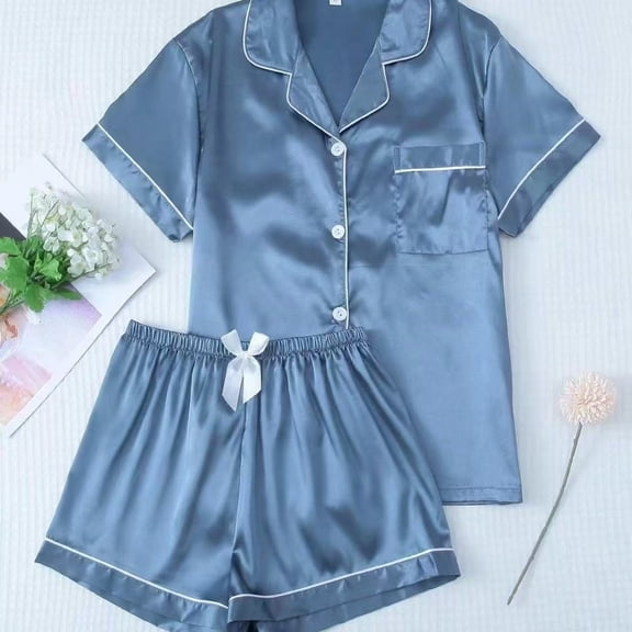Silk Pajama for Women Short Sleeve Satin Pj Set Two Piece Sleepwear Light Blue, Size S