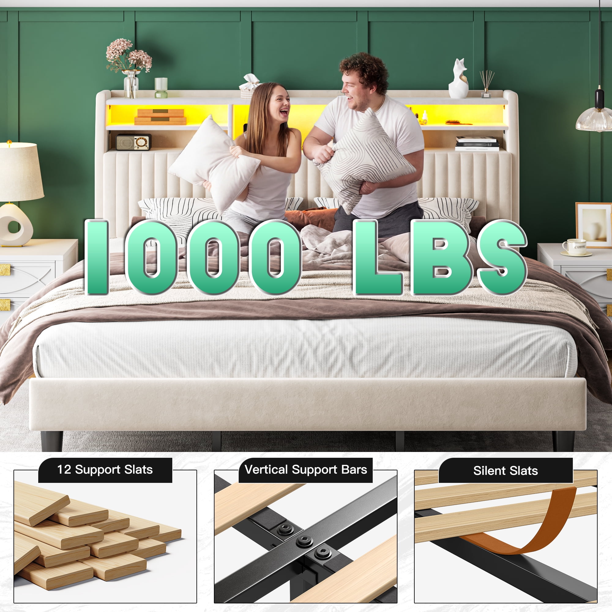 EnHomee King Size Bed Frame with 2-Tier Storage Shelf Upholstered Bed Frame with Headboard & LED Lights & Charge Station,Beige