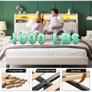 EnHomee King Size Bed Frame with 2-Tier Storage Shelf Upholstered Bed Frame with Headboard & LED Lights & Charge Station,Beige