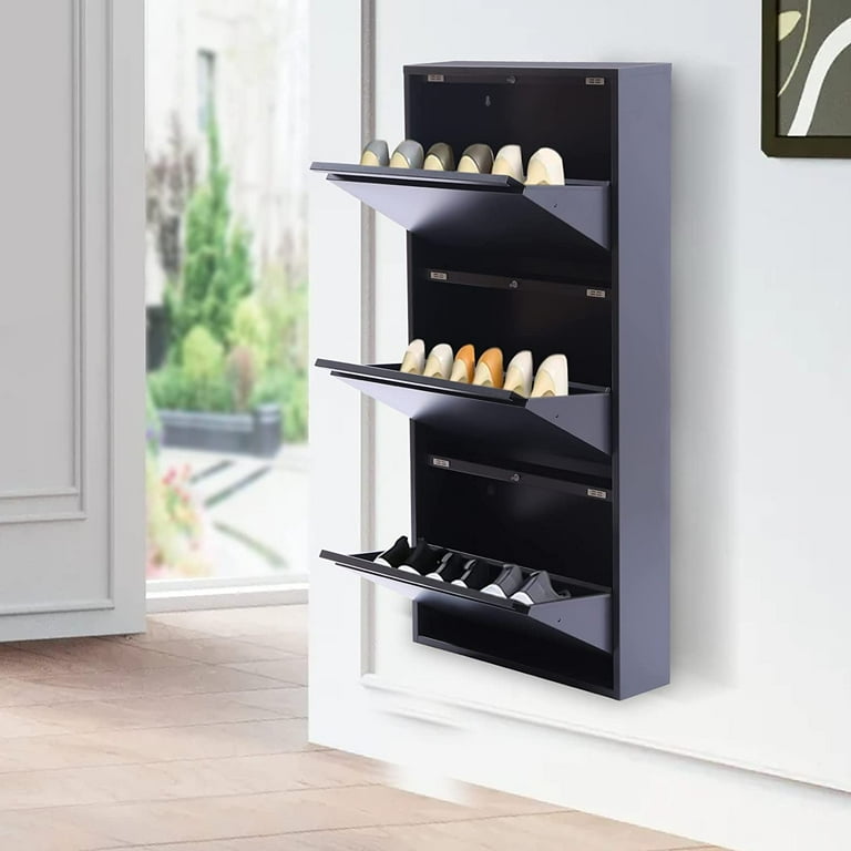 Black Narrow Shoe Storage Cabinet with 3 Shelves Wall Mounted in Small