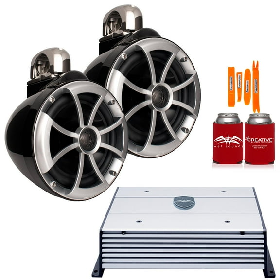 Wet Sounds ICON8B-FC Black 8" Tower Speakers with Stainless Fixed Clamps and Wet Sounds HTX2 Amplifier