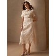 thumbnail image 3 of Apricot Floral Lace High Neck Short Sleeve Sheath Midi Dress, 3 of 30