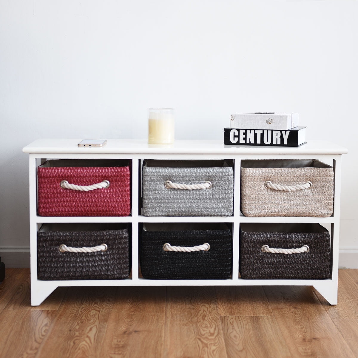Wicker Basket Storage Unit Chest Wood Organizer Shelf 6 Drawer