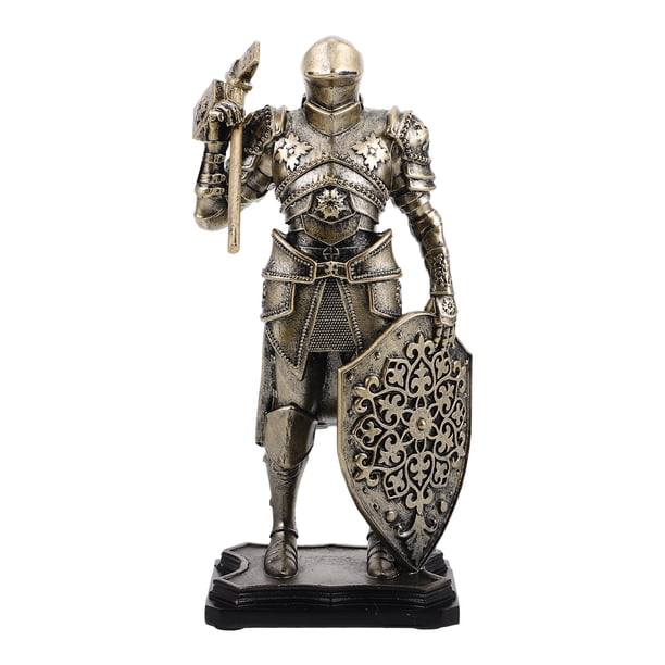 BRIGHTFUFU Escultura de caballeros medievales Estatua de caballeros de pie para decoración del hogar y la oficina Estatuilla de caballeros de resina Estatua medieval para sala de estar Dorado