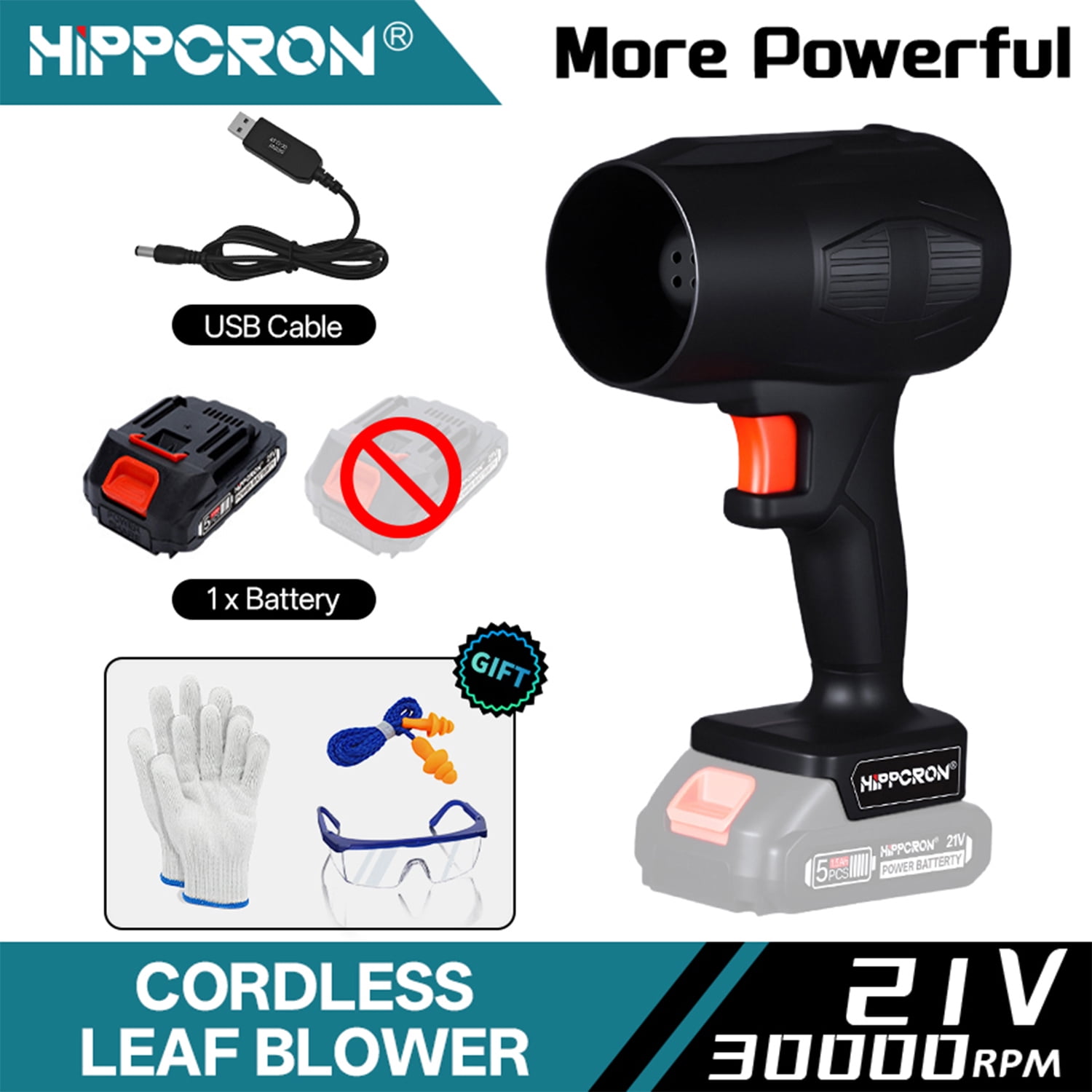 HIPPCRON 21V Cordless Leaf Blower, 30000RPM High-Speed Motor, One 1500mAh Battery, USB Charging, Safety Kit with Gloves, Goggles and Earplugs
