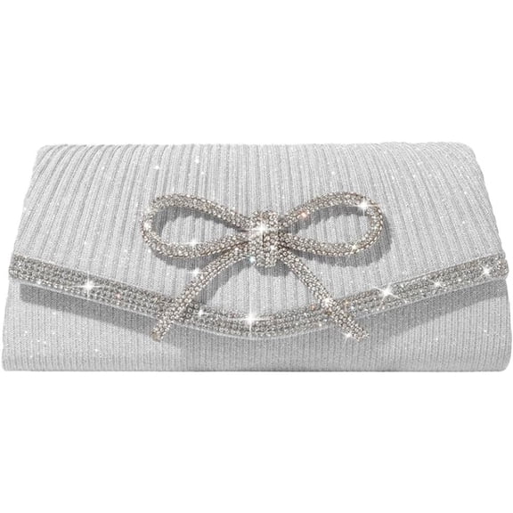 Women's Silver Rhinestone Bow Evening Clutch Bag, Sparkly Chain Shoulder Crossbody Purse for Wedding & Party