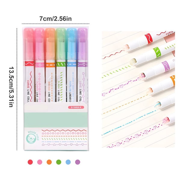 Firtink 6Pcs Curve Highlighter Pen Set, Dual Tip Pens With 6 Different Curve Shapes Fine Tips Highlighter Markers Assorted Colors Heart Flower Curve Dotted Line Slash Dot For Writing