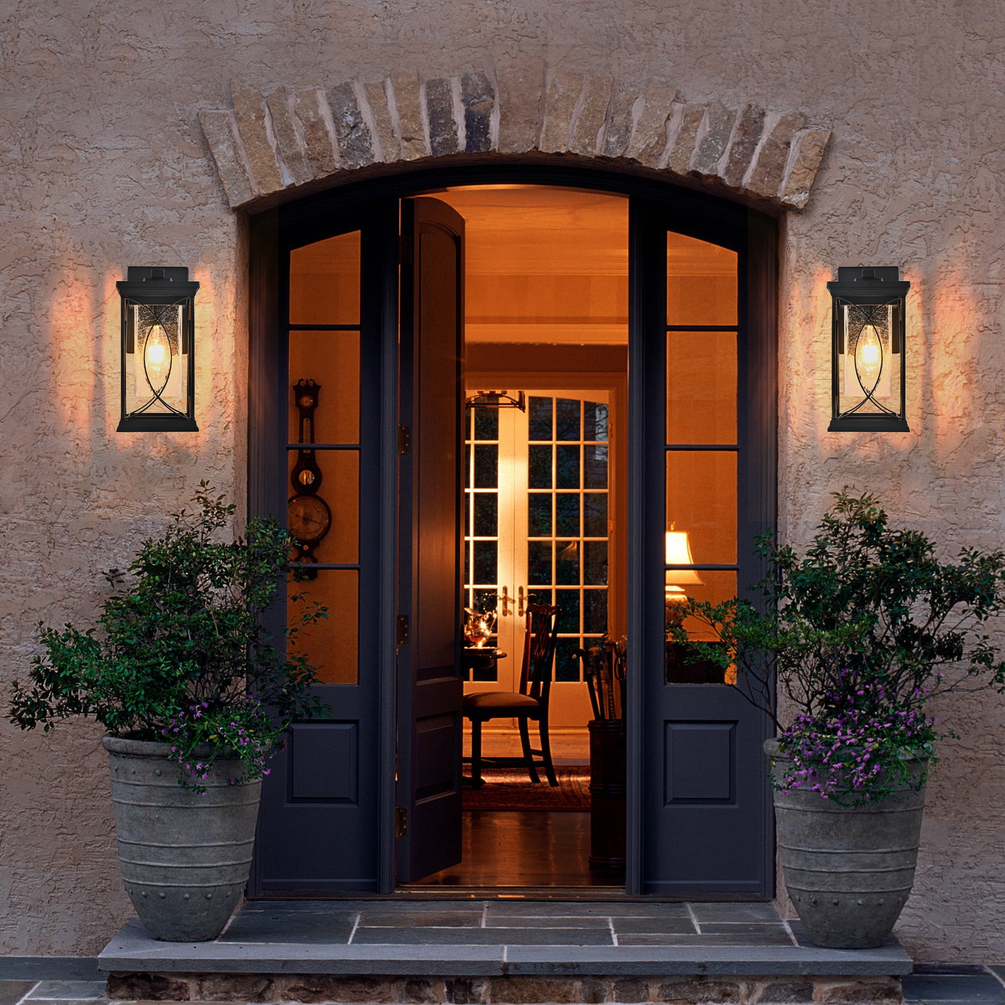 Black Outdoor Wall Lantern 14 Inch H with Crackled Glass Weather-Resistant Exterior Light for Porch, Black